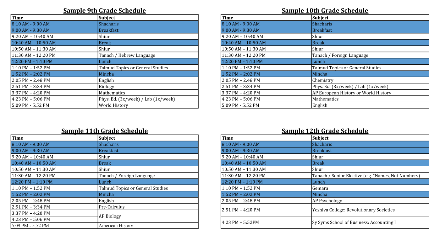 Sample Schedules Yeshiva University High School for Boys MTA